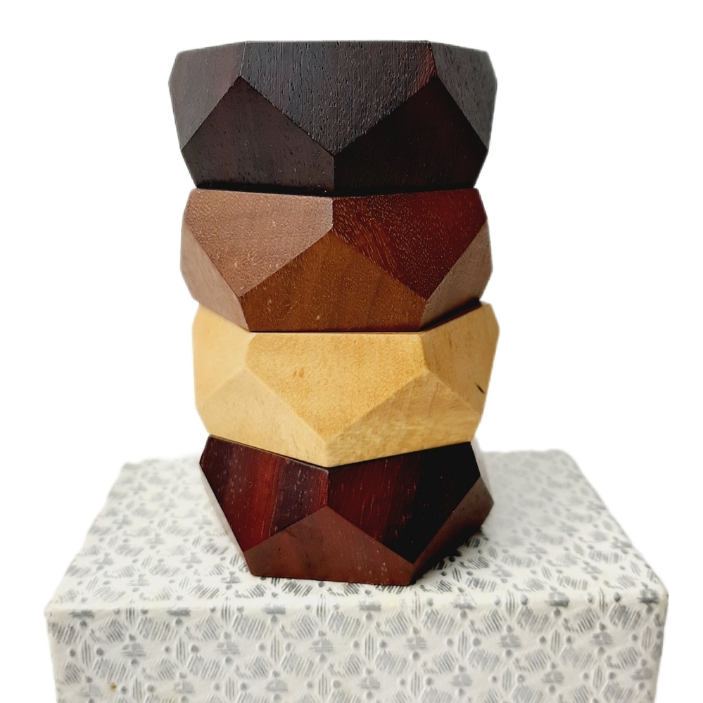 🍒 Vintage 4x Solid Wooden Geometric Carved Napkin Rings Set MCM